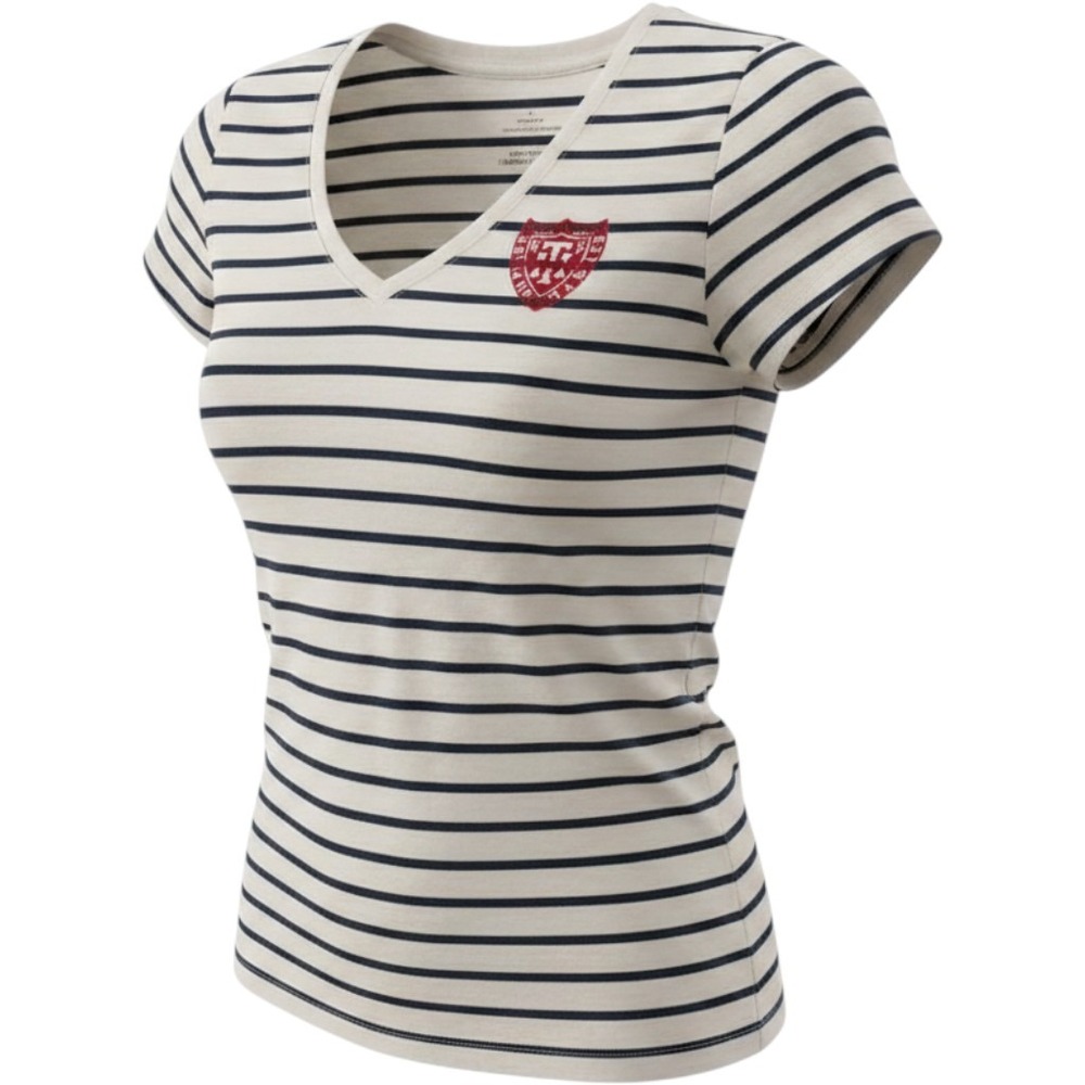 Tommy Hilfiger Womens Striped V-Neck T-Shirt Blue Cream Crest Logo Classic Fit M